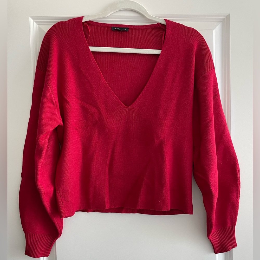 Dynamite Red V-Neck Sweater with Balloon Sleeves | size: S